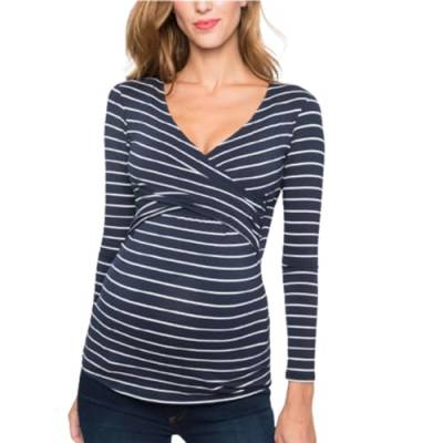 Buliezy Stillshirt Dame Langarm Stilloberteile Gestreiftes Oberteile Zum Stillen Umstandsmode V-Neck Umstandsshirt für Schwangere Stillzeit,tiefblau M von Buliezy