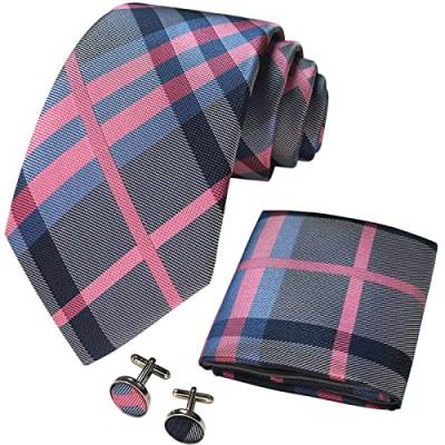 CANGRON Herren Krawatte Rosa Blau Plaid Krawatte Einstecktuch Manschettenknöpfe Krawatten Set DLSG8FL von CANGRON