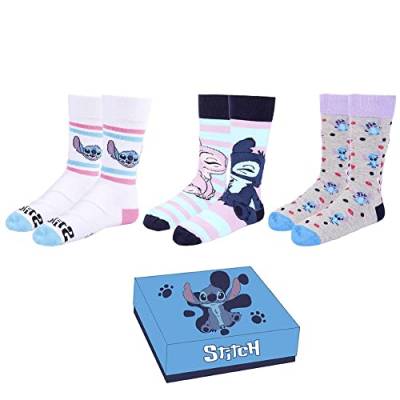 Stitch Socken Disney Frottee Socken 3 Paar Einheitsgröße in Geschenkbox, mehrfarbig, 36-41 von CARTOON