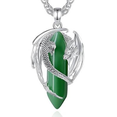 CELESTIA Versilbert Drachen Kette mit Edelstein, Kristall Anhänger Halbedelsteine Aventurin Kette Grüne Jade Halskette Heilsteine Gothic Schmuck für Männer Frauen Coole Geschenke von CELESTIA