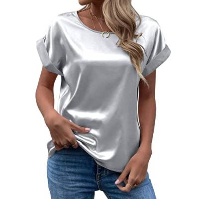 CGGMVCG Damen Sommer Tops Frühling Sommer Damen Kurzarm Seide Satin Hemd Lose Casual Rundhals Blusen, Grau, Groß von CGGMVCG