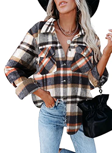 CLOUSPO Karierte Jacke Damen Karierte Bluse Karohemd Holzfällerjacke Holzfällerhemd mit Taschen für Winter Herbst(Orange, XL) von CLOUSPO