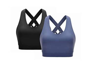 CLOUSPO Sport BH Damen Gekreuzt Rücken Yoga Bra ohne Bügel Gepolstert Sport Bra für Yoga Laufen Jogging Fitness 2er Pack (Schwarz/Blau,XL) von CLOUSPO