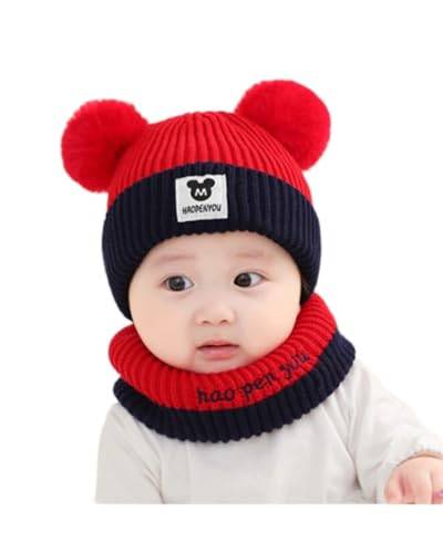 CM-Kid Baby Mütze, Jungen Gestrickte Wintermütze, Warme Mütze und Schal für Kinder Hut Rot Schwarz von CM-Kid