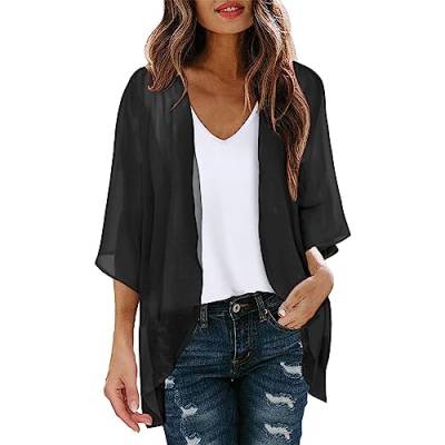 Damen Sommer Chiffon Kimono Cardigan Leicht Casual 3/4 Ärmel Beachwear Bikini Cover Up Strickjacke Einfarbige Leichte Sommerjacke Strand Shawl Bluse Oberteil Tops Offene Front Jacke für Sommer von CNNBYYDS