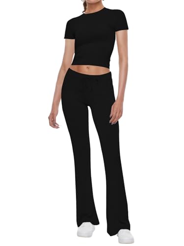 CNTSFS Damen Lounge Set Kurzarm Crop Top Und Schlaghose Yoga Trainingsanzug Zweiteiler Outfit(Schwarz XS) von CNTSFS