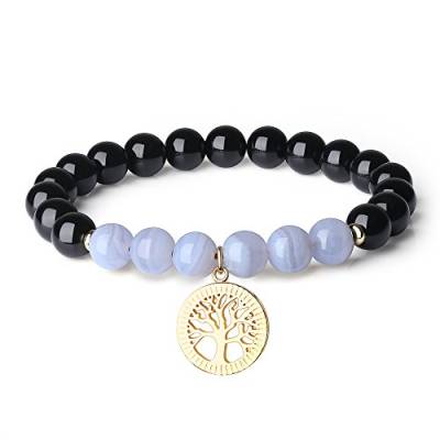 COAI Geschenkideen Yoga Armband Reiki Armband aus Schörl und Chalcedon Blau mit Lebensbaum Zubehör für Damen und Herren von COAI