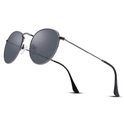 COASION Runde Sonnenbrille Damen Polarisierte Herren Retro 100% Glaslinse Vintage Rund Brille (Silber/Schwarz) von COASION