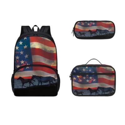 COEQINE Kinder-Rucksack-Set für Jungen, 43,2 cm, Tier-Büchertasche, langlebig, großes Fassungsvermögen, Federmäppchen, Lunchbox mit Griffen, Pferdemuster mit amerikanischer Flagge von COEQINE