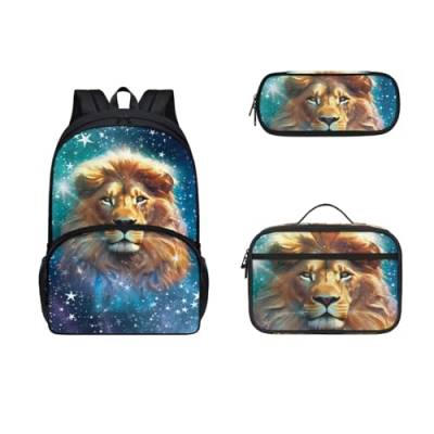 COEQINE Kinder-Rucksack-Set für Jungen, 43,2 cm, Tier-Büchertasche, langlebig, großes Fassungsvermögen, Federmäppchen, Lunchbox mit Griffen, Sternenhimmel, Löwenmuster von COEQINE