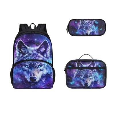 COEQINE Kinder-Rucksack-Set für Jungen, 43,2 cm, Tier-Büchertasche, langlebig, großes Fassungsvermögen, Federmäppchen, Lunchbox mit Griffen, Sternenhimmel, Sterne, Wolf, blauer Druck von COEQINE