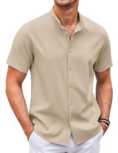 COOFANDY Hemd ohne Kragen Herren Kurzarm Leinenhemd Stehkragenhemd Hemden Sommer Strandhemd Freizeithemd Regular Fit Leichte Kurzarmhemden Khaki XXL von COOFANDY