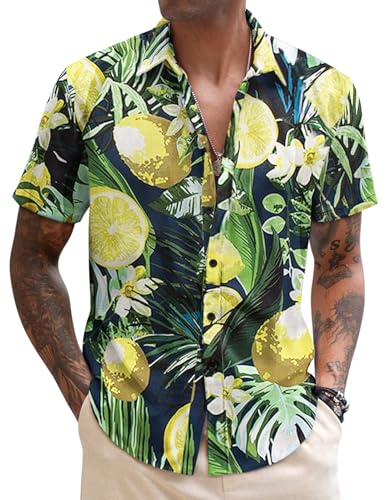 COOFANDY Herren Hawaiihemd Kurzarm Freizeithemd Urlaub Sommerhemd Bedruckter Strand Hawaii Hemd PAT9 L von COOFANDY