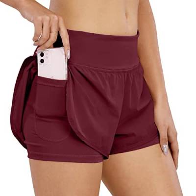 COTOP Sporthose Damen Kurz Sommer, Laufhose High Waist 2 in 1 mit Tasche, Elastisch Schnelltrocknende Running Shorts für Fitness Joggen Gym Training (Rot S) von COTOP