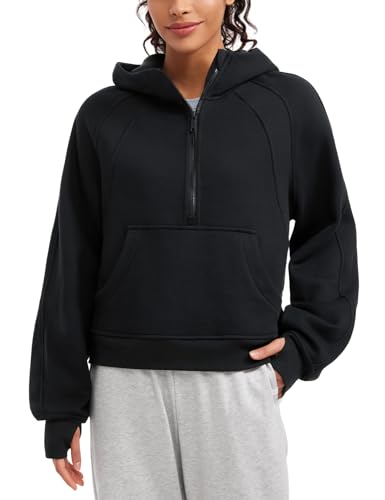 CRZ YOGA Damen Fleece Gefüttert Hoodie 1/2 Reißverschluss Kapuzenpullover Taschen Workout Langarm Hoody Pullover mit Daumenloch Schwarz 42 von CRZ YOGA