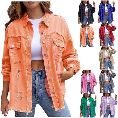 CSKJ Bluse Damen Elegant - Damen Jeansjacke Jeansjacken für Damen Übergangsjacke Damen Vintage Jean Mantel Übergangs Ripped Denim Jacken, Orange, XXL von CSKJ