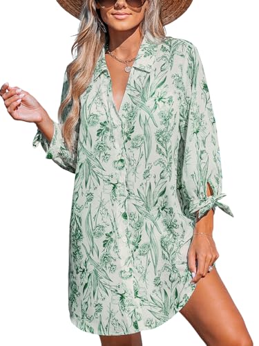 CUPSHE Damen Blusenkleid V Ausschnitt Knopfleiste 3/4 Arm Lockeres Sommerkleid Freizeitkleider Bikini Cover Up Hemdblusen Shirt Mini Dress Grünes Blumenmuster S von CUPSHE