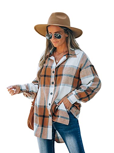 CUPSHE Damen Hemd Knopfleiste Kariertes Hemdbluse Shacket V Ausschnitt Langarm Plaid Button Down Tops Shirt Jacke Orange M von CUPSHE