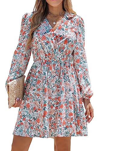 CUPSHE Damen Kleid V Ausschnitt Wickeloptik Langarm Blumenmuster A Linien Freizeitkleider Chiffon Wrap Mini Dress Orange Floral XS von CUPSHE