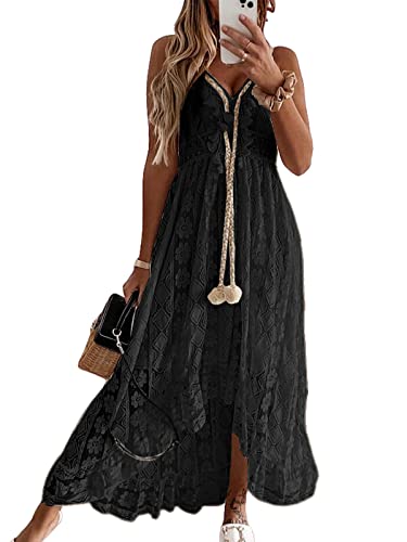 CUPSHE Damen Sommerkleid V Ausschnitt Floral Spitze Quasten Spaghetti Trägerkleid Freizeitkleider Hi-Low Party Boho Beach Maxi Dress Schwarz XL von CUPSHE