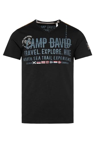 Camp David Herren T-Shirt V-Neck mit Used Prints Black L von Camp David