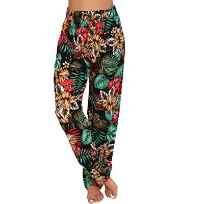 Damen Leichte Sommer Blumen Hose Blätter Strand Harem Aladin Ali Baba Pumphose Pluder B29 (as3, Alpha, l, x_l, Regular, Regular, Schwarz) von Candygirls