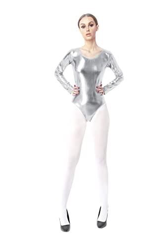 Trikot für Damen, glänzend, für Rhythmus, für Damen, Ballett, Tanz, langärmlig, Body-Shirt für Damen, silber, 42 von Carnavalife