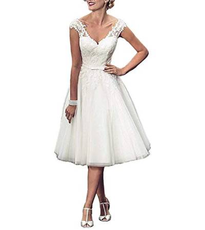 Carnivalprom Damen A-Linie V-Ausschnitt Tüll Hochzeitskleid Brautkleid Standesamt Rückenfrei Knielang (Weiß 02,36) von Carnivalprom