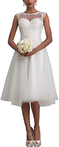 Carnivalprom Damen Sheer Spitze Hochzeitskleid Brautkleid Elegant Abendkleider Kurz Ballkleid(Elfenbein,40) von Carnivalprom