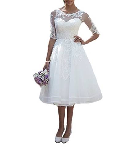 Carnivalprom Damen Spitze Hochzeitskleid Brautkleid mit Ärmeln Sheer Rundhals Abendkleider(Elfenbein,44) von Carnivalprom