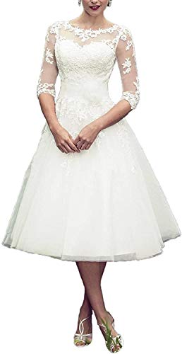 Damen Applikationen Hochzeitskleid Standesamt Kurz Weiß A Linie 3/4 Länge Transparent Brautkleider mit ärmel (Elfenbein 03,32) von Carnivalprom