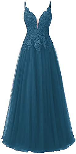 Damen Spitze Abendkleider Für Hochzeit Elegant Brautkleid Spaghetti-Träger Ballkleider(Teal,38) von Carnivalprom