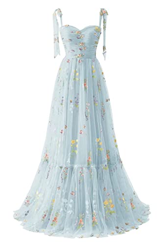 Frauen Blumen Stickerei Abendkleider Abschlussball Kleider Spaghetti Träger Brautjungfernkleid A Line Formal Party Kleid(A-Blau,32) von Carnivalprom