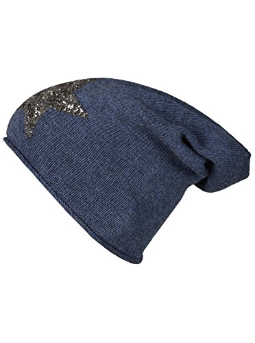 Cashmere Dreams Slouch-Beanie-Mütze mit Kaschmir - Hochwertige Strickmütze für Damen Mädchen - Hat - Pailletten Stern - One Size - Sommer Herbst und Winter Zwillingsherz (jeans/silber) von Cashmere Dreams