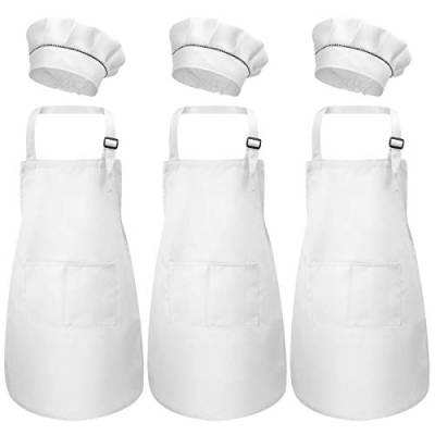 6 Stück Kinder Schürze und Kochmütze Set, Kinder Küche Garten Chef Schürzen für Jungen Mädchen, Kind Küchenschürzen Kochschürze mit Taschen für Kochen Backen Malen Basteln (M für 3-6 Jahre) (Weiß) von Catime