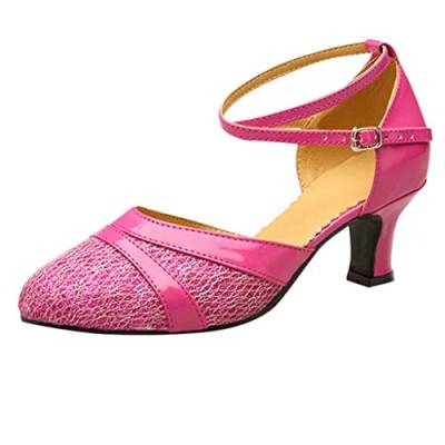 Damen Standard Latein Tanzschuhe Brautschuhe Mittelhohe Knöchelriemen Weicher Boden Schlüpfen, Celucke Klassische Pumps Basic Absatzschuhe Frühling Elegante Schuhe (Hot Pink, EU41) von Celucke Sandalette