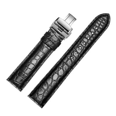 Chlikeyi Uhrenarmband mit Schnellverschluss aus echtem Krokodilleder mit Butterfly-Schnalle, 20-22mm, Schwarz-schwarze Linie, 20mm von Chlikeyi