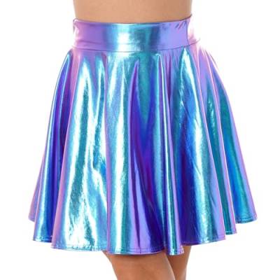 Choomomo Damen Wetlook Rock Mini Faltenrock Shiny Metallic Plisseerock Glänzend Skaterrock Lederrock Gogo Clubwear Blau B S von Choomomo