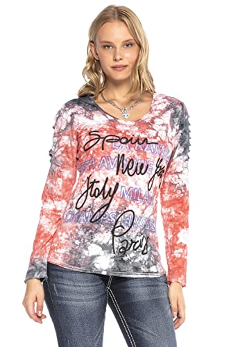 Cipo & Baxx Damen Langarmshirt Batik Waschung Rundhals Cut-Outs Sweatshirt Pullover Strassteine Anthracite-Pink S von Cipo & Baxx