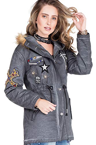 Cipo & Baxx Damen Parka Outdoorjacke Lang Kapuzenjacke Mantel Kunstfell Patches Winterjacke Anthracite XS von Cipo & Baxx