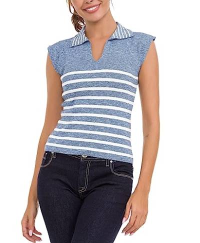 Cipo & Baxx Damen Strick Shirt Polokragen Streifen Ärmellos T-Shirt Tops WT353 Blau S von Cipo & Baxx