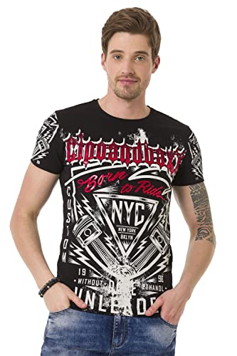 Cipo & Baxx Herren Freizeit Shirt Aufdruck Print Kurzarm T-Shirt Rundhals Baumwolle CT681 Schwarz L von Cipo & Baxx