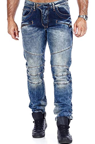 Cipo & Baxx Herren Jeans Hose Used Look Straight it Denim mit ausgefallene Nähten Blau W36 L32 von Cipo & Baxx