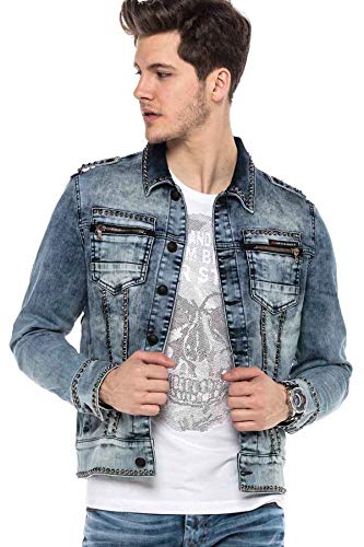 Cipo & Baxx Herren Jeansjacke Übergangsjacke Denim Bikerjacke Rockig Design Ziernähte Blau M von Cipo & Baxx