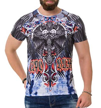 Cipo & Baxx Herren Sommer T-Shirt Baumwolle Bikershirt Alloverprint CT710 Blau XL von Cipo & Baxx