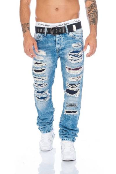 Cipo & Baxx Regular-fit-Jeans Herren Jeans Hose im Destroyed Look mit farbigen Stoff unterlegt Destroyed Look mit farbigen Stoffunterlegungen, Gürtel inklusive von Cipo & Baxx