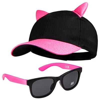 CityComfort Baseball Cap Kinder, 2er Set Snapback Cap mit Ohren und Sonnenbrille Kinder Sonnenschutz - Geschenke für Mädchen (Rosa Neon) von CityComfort