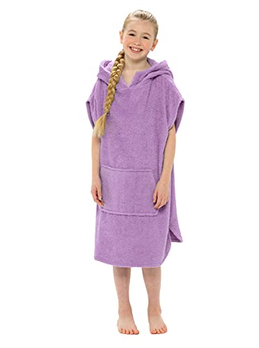 CityComfort Kapuzen Handtuch Poncho Für Kinder Bademantel Zum Wechseln Mit Taschen | Badeponcho Aus 100% Baumwolle | Ideal Für Ferien, Schwimmen, Surfen, Strand, Bad (3-5 Jahre, Lila Katze) von CityComfort