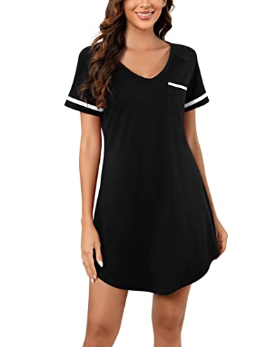 Clearlove Nachthemd Damen Kurzarm Baumwolle Nachtwäsche für Damen V Ausschnitt Schlafshirt Lang T-Shirt Sleepshirt Frauen Negligees Schwarz L von Clearlove