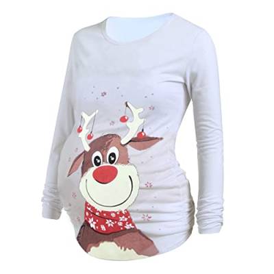 Cocila Damen Christmas Maternity Long Sleeve Drucken Cartoon Printed T-Shirt Tops Pregnancy Blouse Geraffte Umstandsshirt Umstandstop Umstandsmode Schwangerschaft Weihnachten(Weiß,M) von Cocila